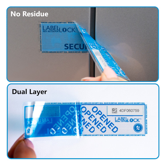An image showing both a No Residue LabelLock® Label (at the top of the image) and a Dual Layer LabelLock® Label (at the base of the image) being peeled off, showing what is left behind on the application surface
