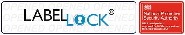 LabelLock™ logo with OPENED message behind and National Protective Security Authority (NPSA) logo to the right hand side with the words 'NPSA rated product: Approved for UK Government use, for details contact NPSA'