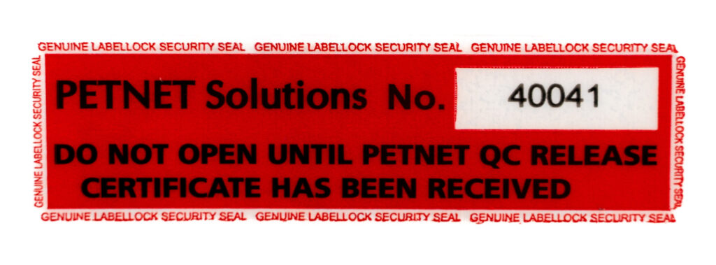 Custom No Residue LabelLock® labels in Red with Black text