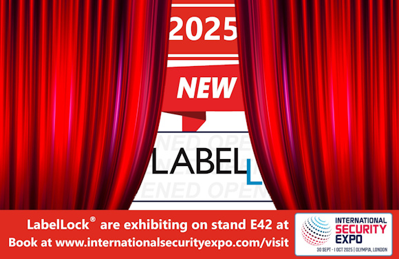 Promotional graphic for LabelLock® exhibiting at the International Security Expo 2025. Red curtains are drawn back to reveal a banner with the numbers '2025’ at the top, then a flash with the word ‘NEW’ in it below that and then part of the LabelLock logo beneath that.' At the bottom, a red strip reads: 'LabelLock® are exhibiting on stand E42 at the International Security Expo’ Book at www.internationalsecurityexpo.com/visit.' On the right, the International Security Expo logo is shown with event dates '30 Sept - 1 Oct 2025 | Olympia, London.