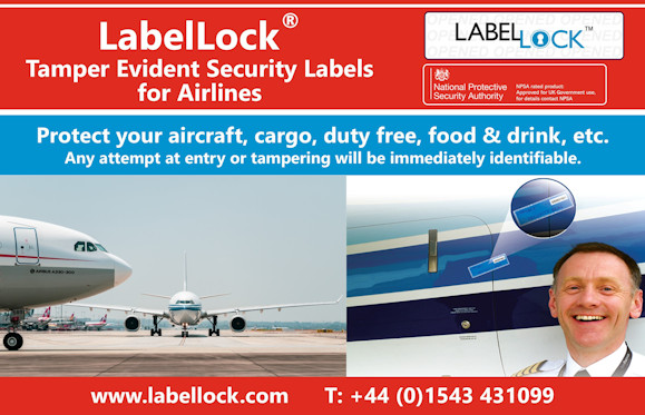 Picture on the left of two passenger jet aircraft sat on the apron of an airport and picture on the right of a uniformed airline pilot stood next to the door of a plane which has a LabelLock® label across the door seal with a pull out (bigger) image of the label showing that it has not been tampered with. The top right section shows the LabelLock logo and the National Protective Security Authority (NPSA) logo highlighting that the product is approved for UK Government use.