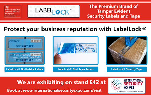 Promotional banner for LabelLock®, a premium brand of tamper-evident security labels and tape, approved for UK Government use by the National Protective Security Authority. The banner headline reads "Protect your business reputation with LabelLock®." Three product images are displayed: LabelLock® No Residue Labels, LabelLock® Dual Layer Labels, and LabelLock® Security Tape. At the bottom, a red banner announces LabelLock’s exhibition at stand E42 at the International Security Expo, taking place from 30 September to 1 October 2025 at Olympia, London. The event logo is also shown.