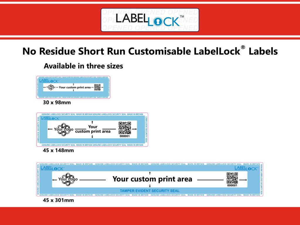 Image showing the three sizes (and their dimensions) of the No Residue Short Run Customisable LabelLock labels