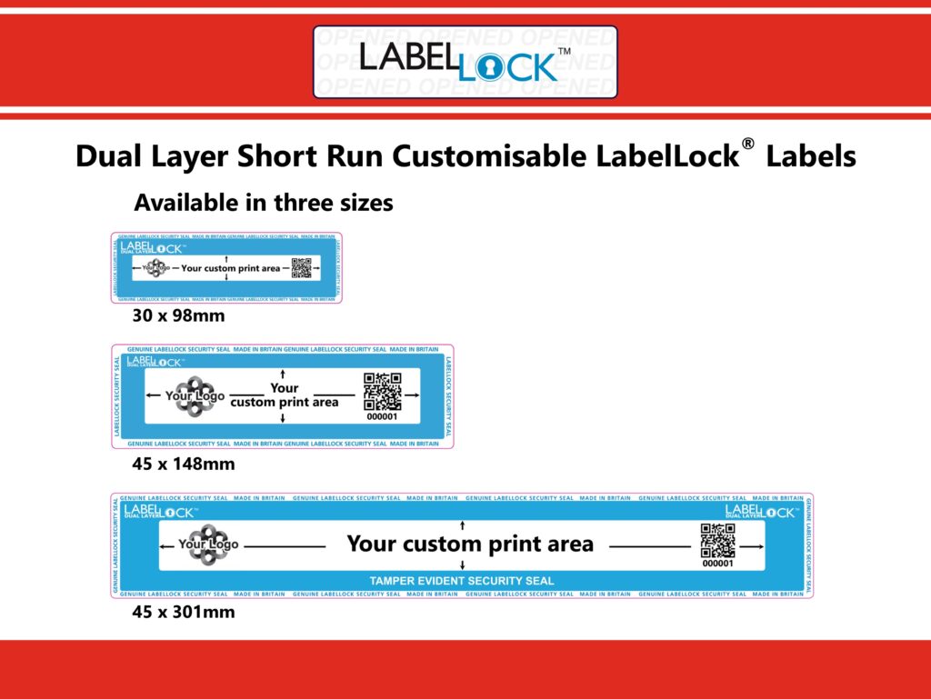Image showing the three sizes (and their dimensions) of the Dual Layer Short Run Customisable LabelLock labels