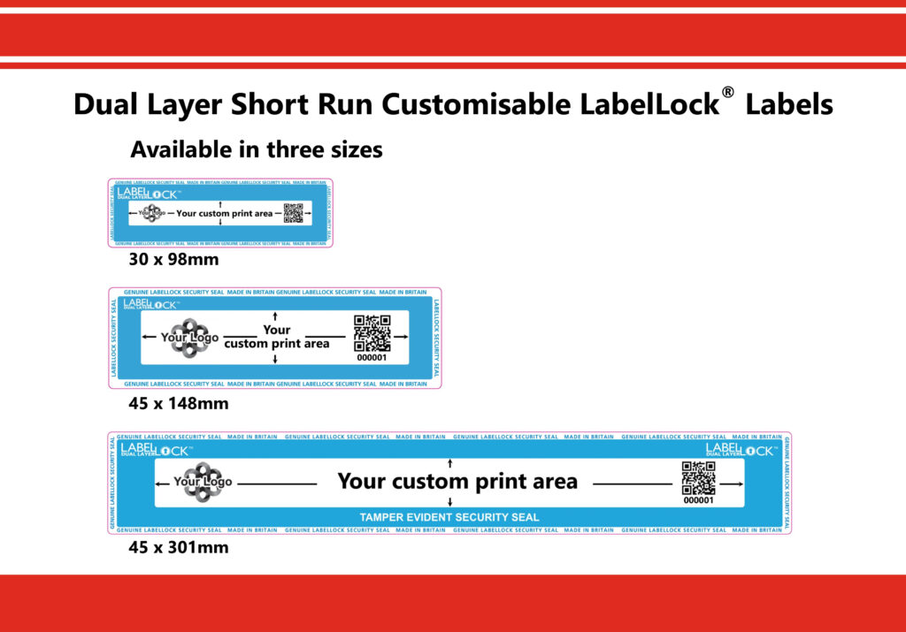 Image showing the three sizes (and their dimensions) of the Dual Layer Short Run Customisable LabelLock labels