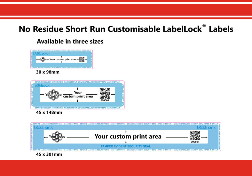 Image showing the three sizes (and their dimensions) of the No Residue Short Run Customisable LabelLock labels