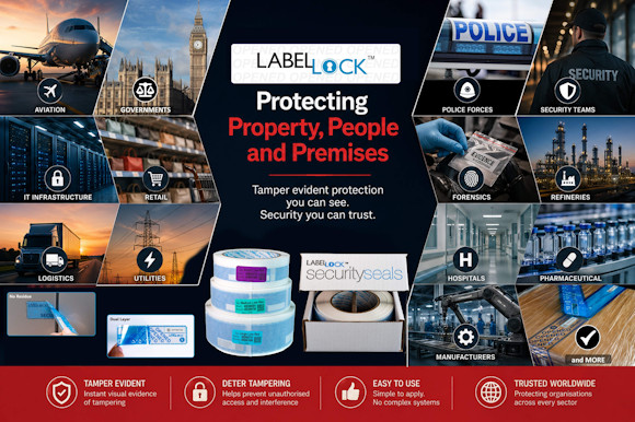 Promotional image for LabelLock® tamper evident security labels & tape, showing images of the physical products and the slogan “Protecting Property, People and Premises.” Surrounding images depict industries served, including aviation, governments, police forces, security teams, IT infrastructure, retail, logistics, utilities, forensics, refineries, hospitals, pharmaceuticals, manufacturers and more. Text across the base highlights key messages such as: tamper evident, deters tampering, easy to use, and trusted worldwide.