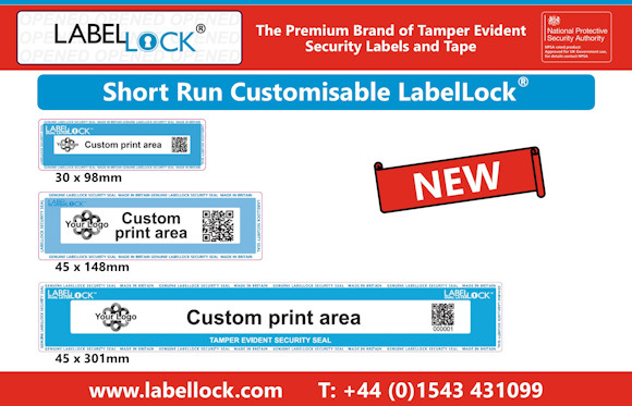 Image promoting the new “Short Run Customisable LabelLock” security labels in three sizes (30 x 98 mm, 45 x 148 mm, and 45 x 301 mm), each with a “Custom print area” for brand logos, text and QR codes and numbering, alongside a red tag saying “NEW” and company branding with the LabelLock website address and contact details.