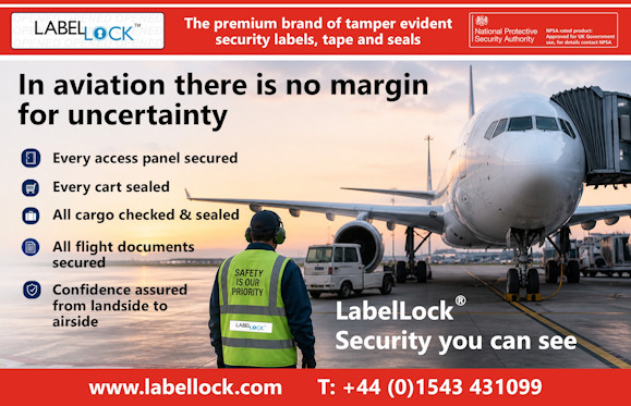 Image promoting the use of LabelLock® tamper-evident security products in the aviation sector - showing a large commercial airplane on an airport tarmac at sunrise. In the foreground, a ground crew worker wearing a high-visibility vest labelled “Safety is our priority” faces the aircraft. Text reads “In aviation there is no margin for uncertainty” with bullet points highlighting secured access panels, sealed carts, checked cargo, and protected flight documents. Branding includes LabelLock® logo, website, and contact number, along with a note about National Protective Security Authority approval.