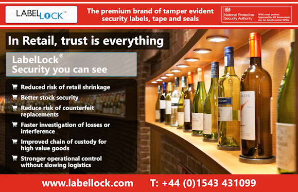 A promotional LabelLock® retail security image showing bottles of wine displayed on illuminated retail shelving. The image includes the headline “In Retail, trust is everything” alongside LabelLock branding and the slogan “Security you can see.” A black information panel highlights benefits including reducing retail shrinkage, better stock security, reducing counterfeit replacements, faster investigation of losses, improved chain of custody for high value goods and stronger operational control. The top and bottom banners feature LabelLock branding, website address and contact telephone number.