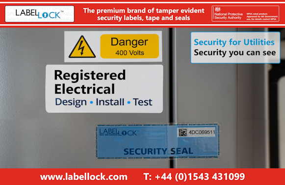 Promotional image for LabelLock® tamper-evident security seals on an electrical utility cabinet. The grey cabinet displays a yellow “Danger 400 Volts” warning sign, and a blue LabelLock® security seal with a QR code and serial number. A banner across the top promotes LabelLock® as the premium brand of tamper-evident security labels, tape, and seals, with National Protective Security Authority approval information. Additional text reads “Security for Utilities – Security you can see,” with the LabelLock® website and phone number shown along the bottom.