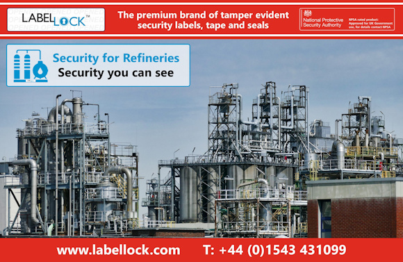 Promotional image for LabelLock® tamper evident security labels, tape and seals featuring an oil refinery complex. The banner reads “Security for Refineries – Security you can see” and highlights LabelLock® as “The premium brand of tamper evident security labels, tape and seals.” The image includes the National Protective Security Authority approval badge, the website www.labellock.com, and contact number +44 (0)1543 431099.