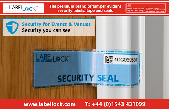 Promotional image for LabelLock® tamper evident security labels, tape and seals featuring a No Residue LabelLock® label spanning across a door and door frame. The banner reads “Security for Events & Venues. Security you can see” and highlights LabelLock® as “The premium brand of tamper evident security labels, tape and seals.” The image includes the National Protective Security Authority approval badge, the website www.labellock.com, and contact number +44 (0)1543 431099.